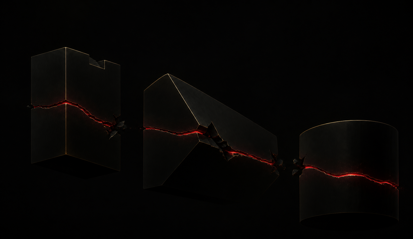 Three dark forms split by one continuous crimson fault line.