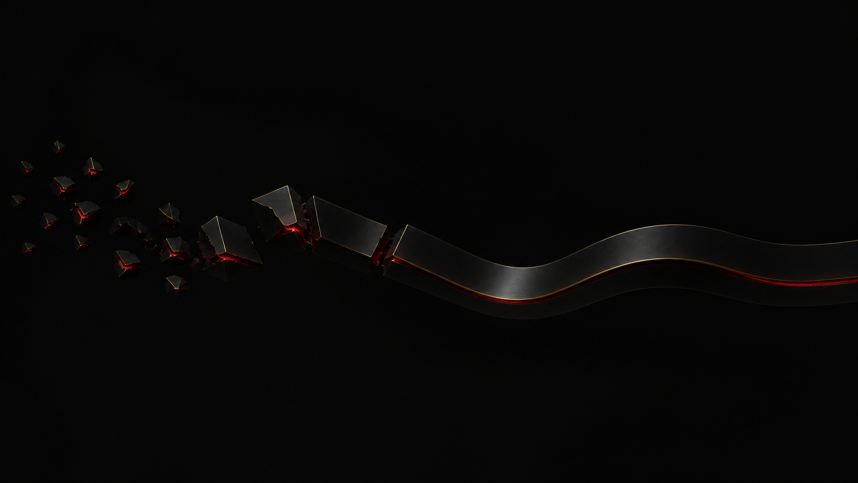 Scattered crimson fragments resolving into one ordered dark path.